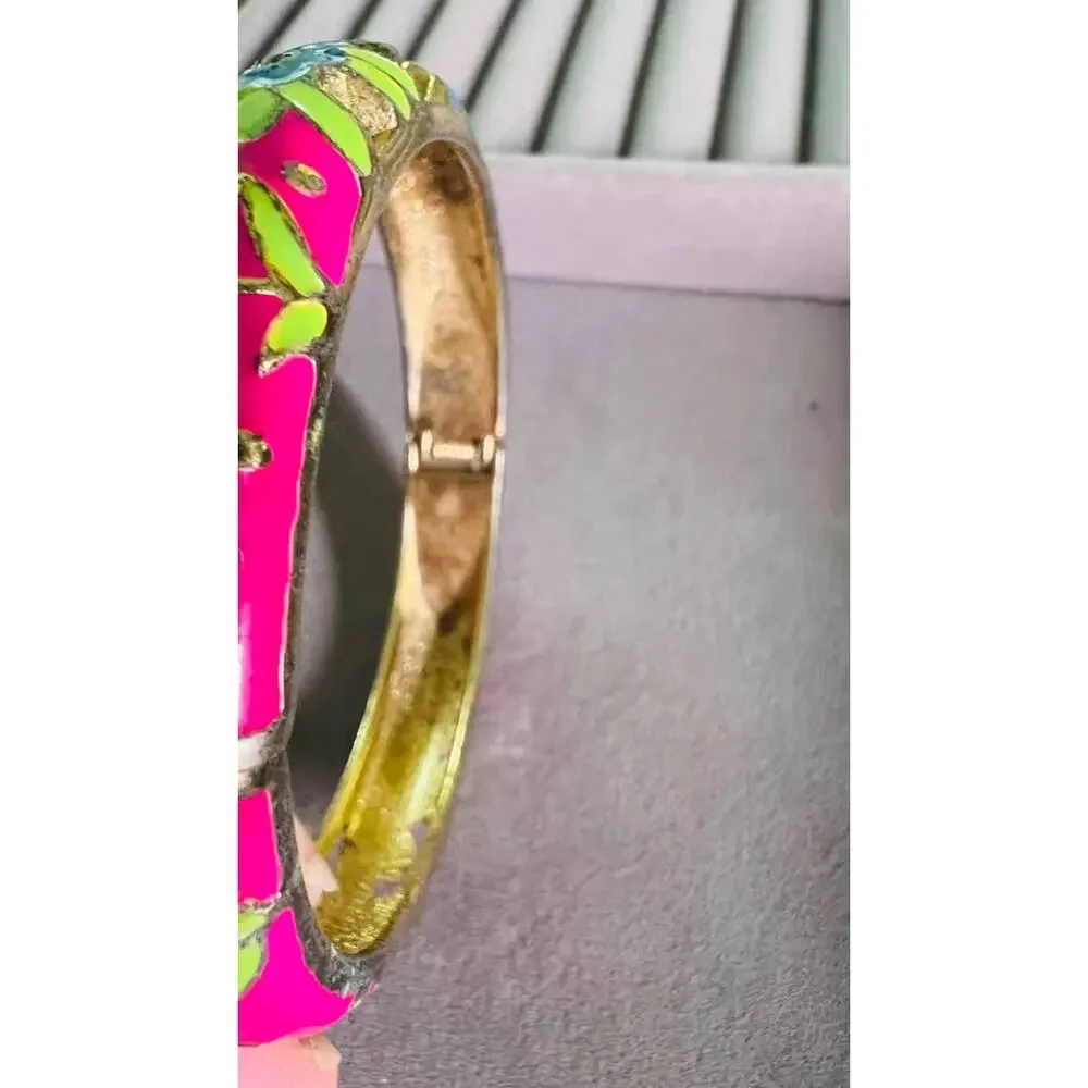 Vintage Floral Enamel Hinged Bangle Bracelet